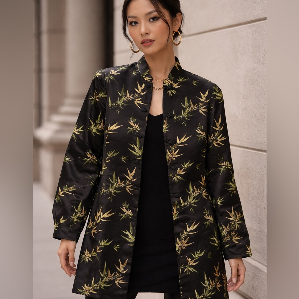 Doncaster Black Rayon Silk Asian Inspired Leaf Embroidered Jacket Flip Cuffs